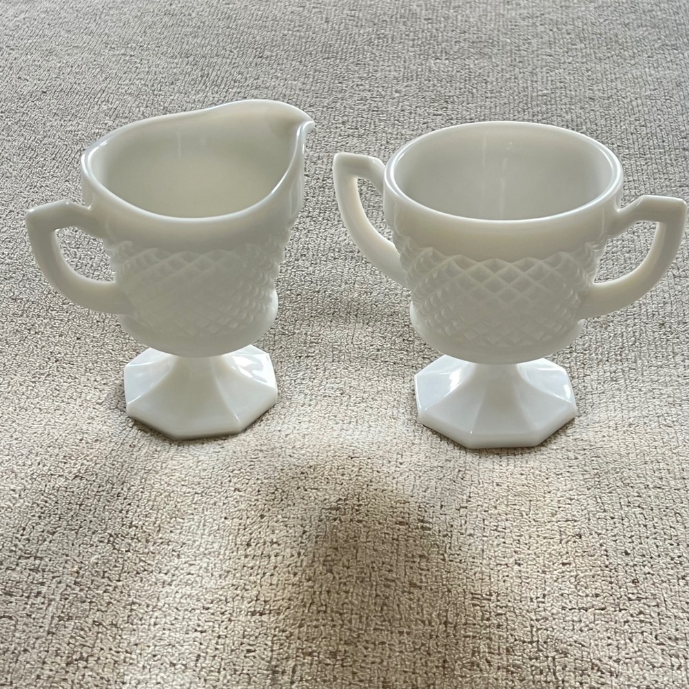 Vintage Milk Glass Creamer and Sugar Bowl Set Diamond Point Hobnail Footed White